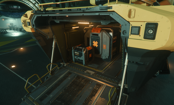 The cargo hold of the Drake Vulture, partially filled with boxes.