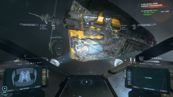The Salvation's cockpit view, displaying the salvaging gameplay in action
