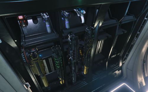 A weapon rack in the C2 Hercules, holding a variety of guns and tools.